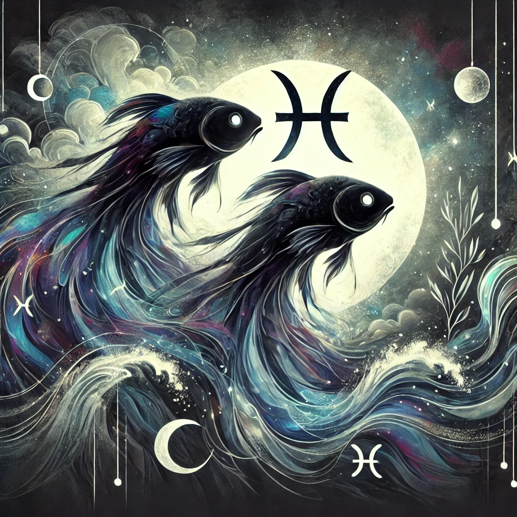 Ілюстрація знака зодіаку Риби, представленого як темний емпат. Вона відображає глибину емоцій та загадкову природу Риб, із мотивами води, місячного світла та містичної атмосфери, що підкреслюють їхню інтуїтивну та подвійні сторони.